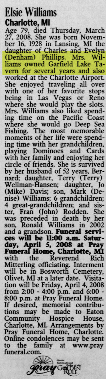 Garfield Lake Tavern - Sat Mar 29 2008 Owner Passes Away